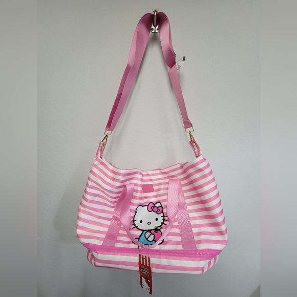 Bioworld Hello Kitty Pink and White Striped Duffle Bag 17.75"x14.5"×8"D - Picture 6 of 12